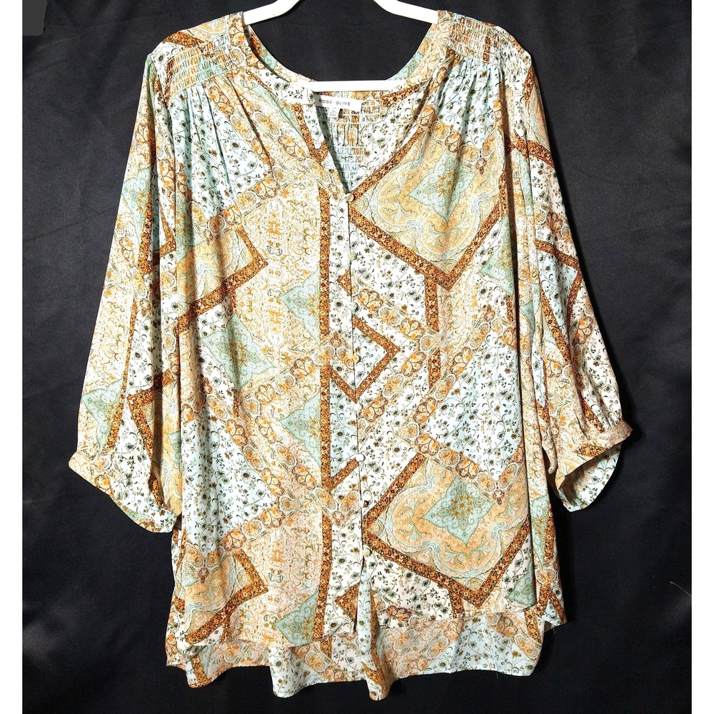 Rose & Olive Lightweight Flowy Tunic Ruching 2X 22/24 Boho Turquoise Orange Tan
